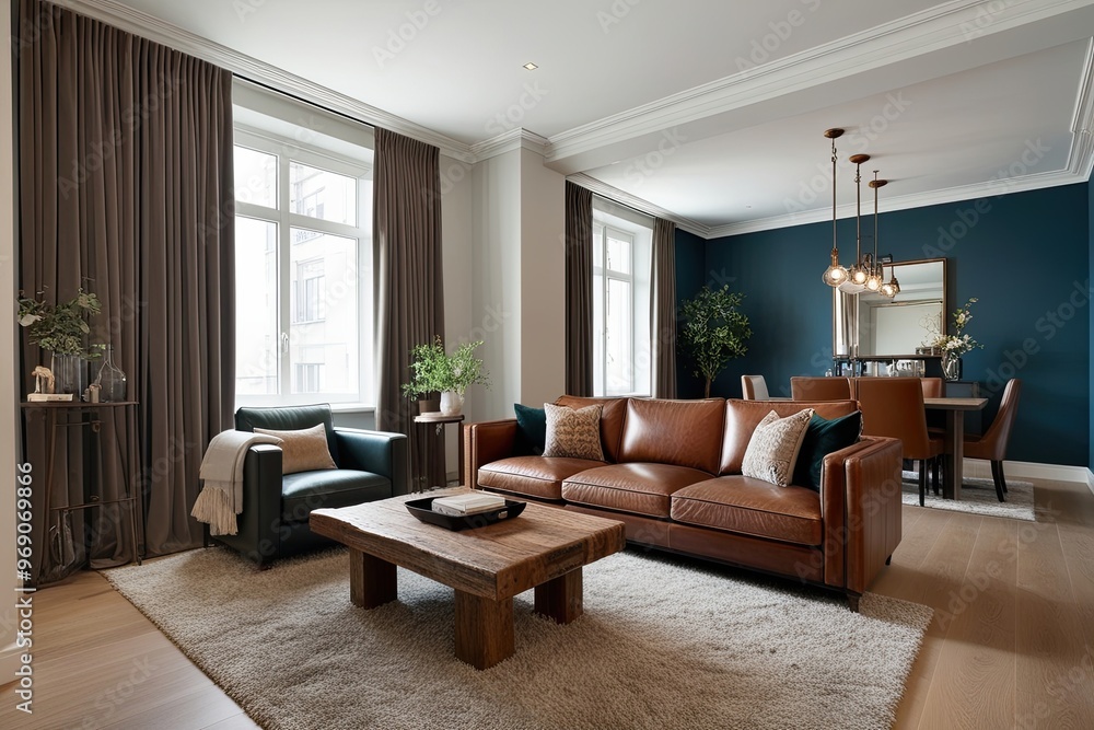 Inviting 3D Design of an Urban Flat with a Chic Sitting Area, Luxurious Leather Couch, Rustic Coffee Table, and Plush Carpet Inviting 3D Design of an Urban Flat with a Chic Sitting Area, Luxurious Leather Couch, Rustic Coffee Table, and Plush Carpet