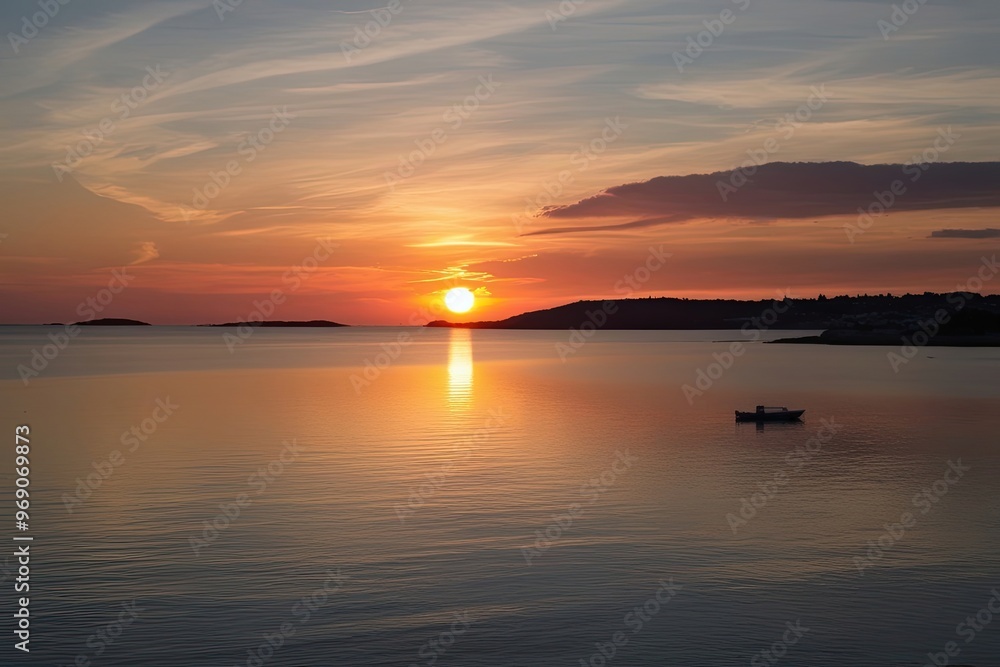 Stunning Sunset Reflected in the Calm Sea Over a Picturesque Horizon Stunning Sunset Reflected in the Calm Sea Over a Picturesque Horizon
