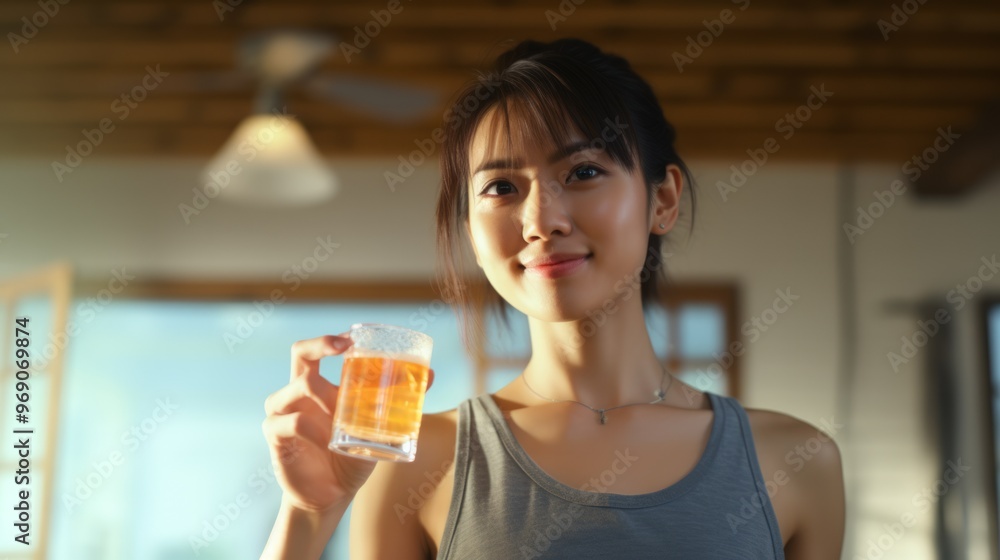 Asian lady in fitness sportswear holding orange juices and vegetable for beauty. Neural network ai generated art Asian lady in fitness sportswear holding orange juices and vegetable for beauty. Neural network ai generated art
