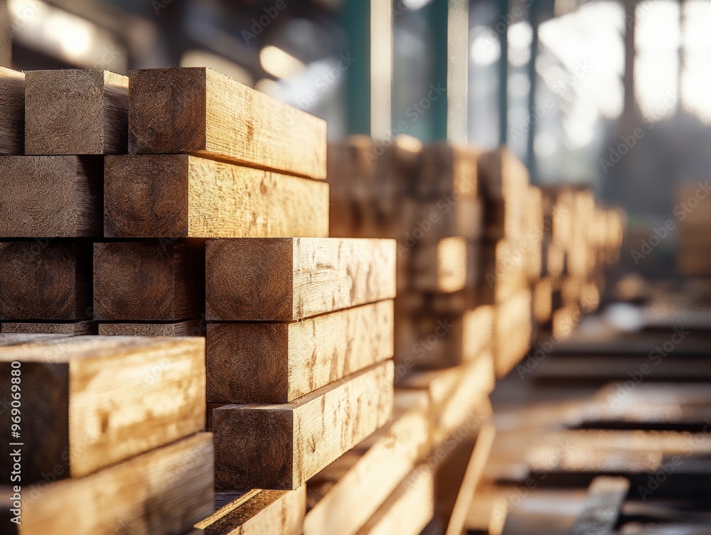 A Stack of Wood Beams in a Warehouse Setting, Illuminated by the Warm Glow of the Setting Sun, Displaying the Natural Texture and Grain of the Timber A Stack of Wood Beams in a Warehouse Setting, Illuminated by the Warm Glow of the Setting Sun, Displaying the Natural Texture and Grain of the Timber