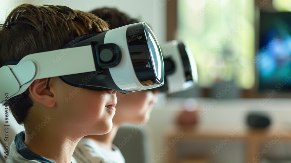 Horizontal shot of two kids experiencing a VR game, showcasing their excitement in a stylish, modern home environment.
