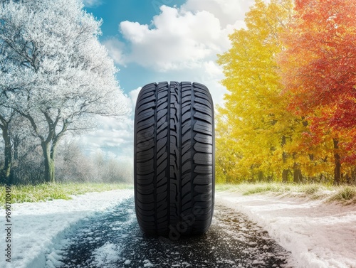 All-Season Tire on a Snowy Road with Winter, Spring, Summer, and Fall Trees in the Background, Representing the Ability to Drive Safely in Any Weather