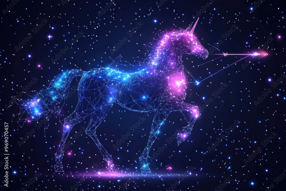 Magical glowing unicorn silhouette in starry night sky Magical glowing unicorn silhouette in starry night sky