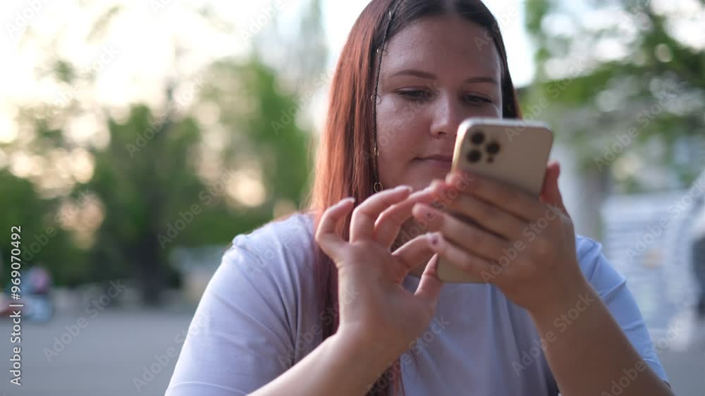 portrait of a fat woman writing a text message on the phone on the summer terrace in a cafe portrait of a fat woman writing a text message on the phone on the summer terrace in a cafe