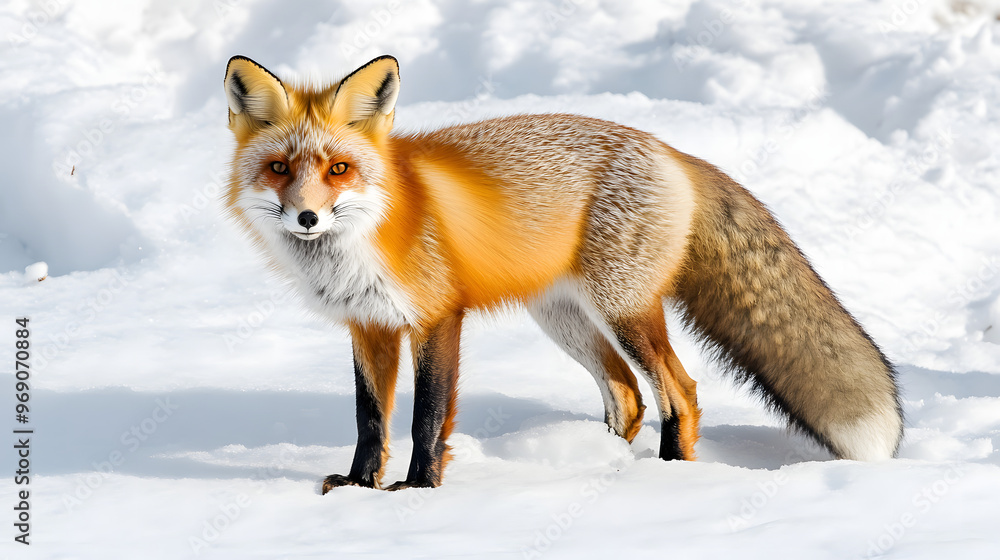 Obraz premium Detailed Close-Up of a Vibrant Red Fox in a Snowy Landscape, Showcasing Its Beautiful Fur Against the White Snow and Capturing Its Lively Eyes and Alert Posture in High Resolution