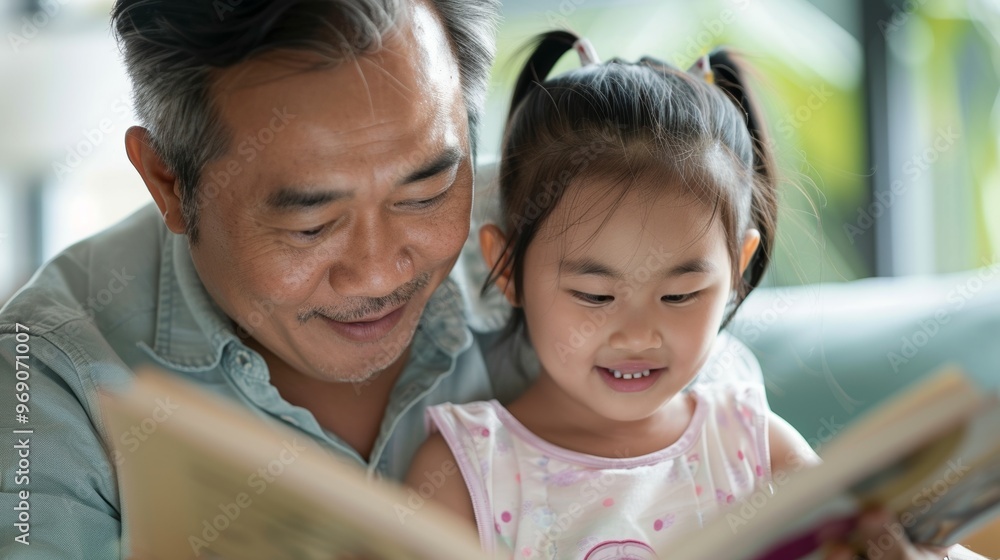 A father holds his child while reading a book, both deeply engaged in the story. A father holds his child while reading a book, both deeply engaged in the story.