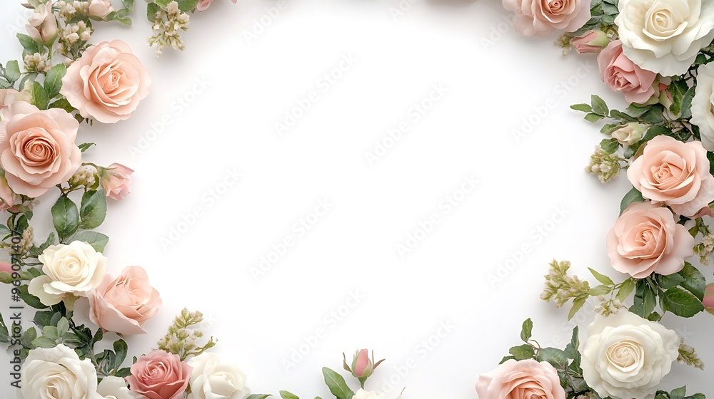 Elegant Spring Wreath of Pastel Roses and Greenery on a White Background, Featuring Ample Copy Space for Custom Invitations, Event Announcements, or Advertisements Elegant Spring Wreath of Pastel Roses and Greenery on a White Background, Featuring Ample Copy Space for Custom Invitations, Event Announcements, or Advertisements