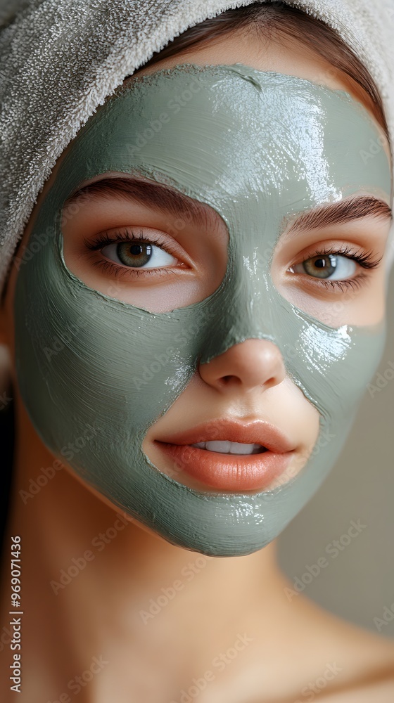 Woman applying green clay face mask, skincare routine, close-up beauty portrait
Woman applying green clay face mask, skincare routine, close-up beauty portrait