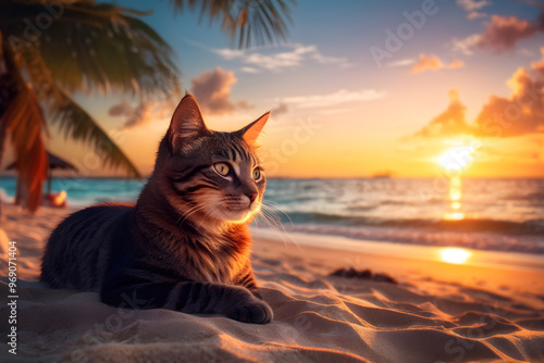 Relaxed cat enjoying a beach sunset