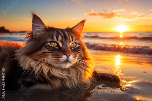 A Maine Coon cat lounges on the beach at sunset