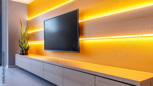 A tv mounted on a wall with yellow lighting and plants, AI