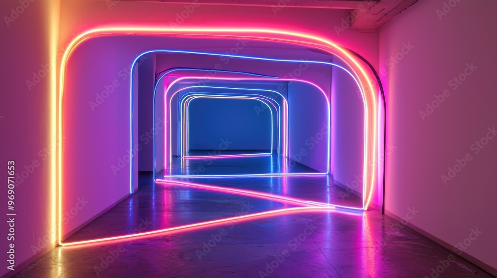 Neon tube light installation forming abstract shapes