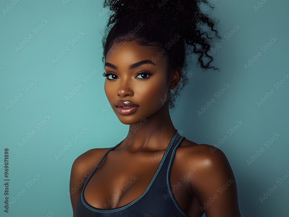 Confident woman with glowing skin in athletic wear, natural beauty and fitness lifestyle on teal background
Confident woman with glowing skin in athletic wear, natural beauty and fitness lifestyle on teal background