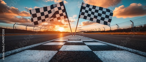 Checkered Finish Line Flags at Sunset on a Race Track