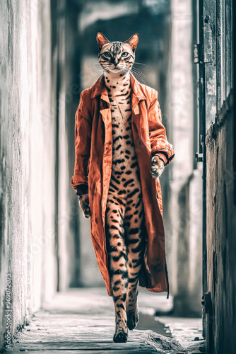 Stylish Leopard in Trench Coat Walking Down Urban Alley photo