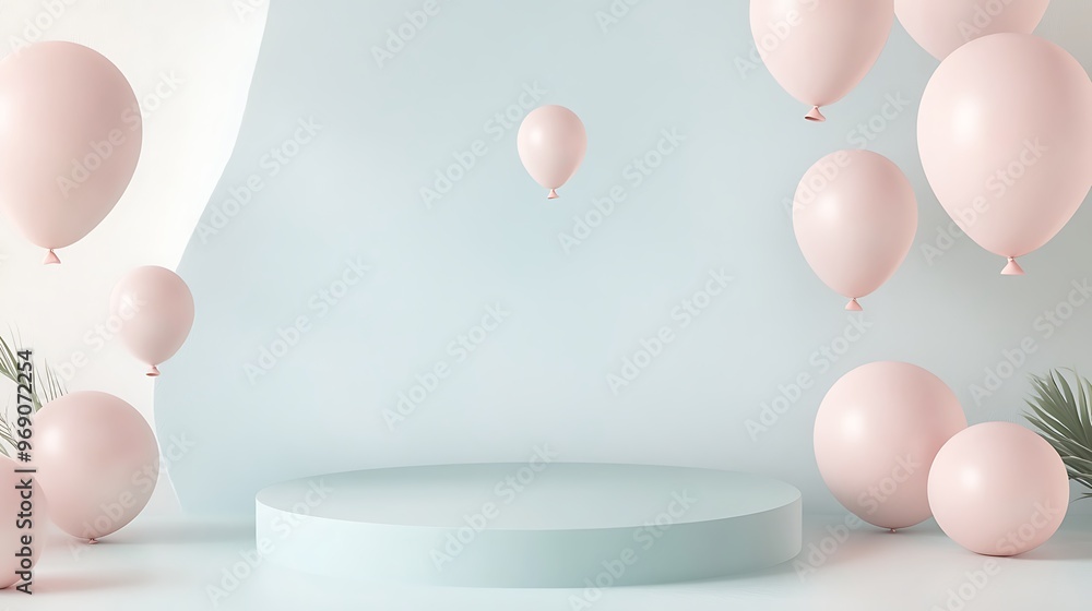 Clean and Modern 3D Scene of a Light Blue Circular Plate and Floating Light Pink Balloons in a Subtle Background for High-End Invitations or Marketing Designs with Text Space Clean and Modern 3D Scene of a Light Blue Circular Plate and Floating Light Pink Balloons in a Subtle Background for High-End Invitations or Marketing Designs with Text Space