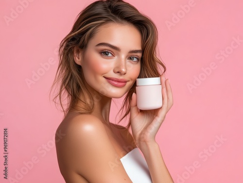 Woman Holding Body Lotion Jar with a Pink Background