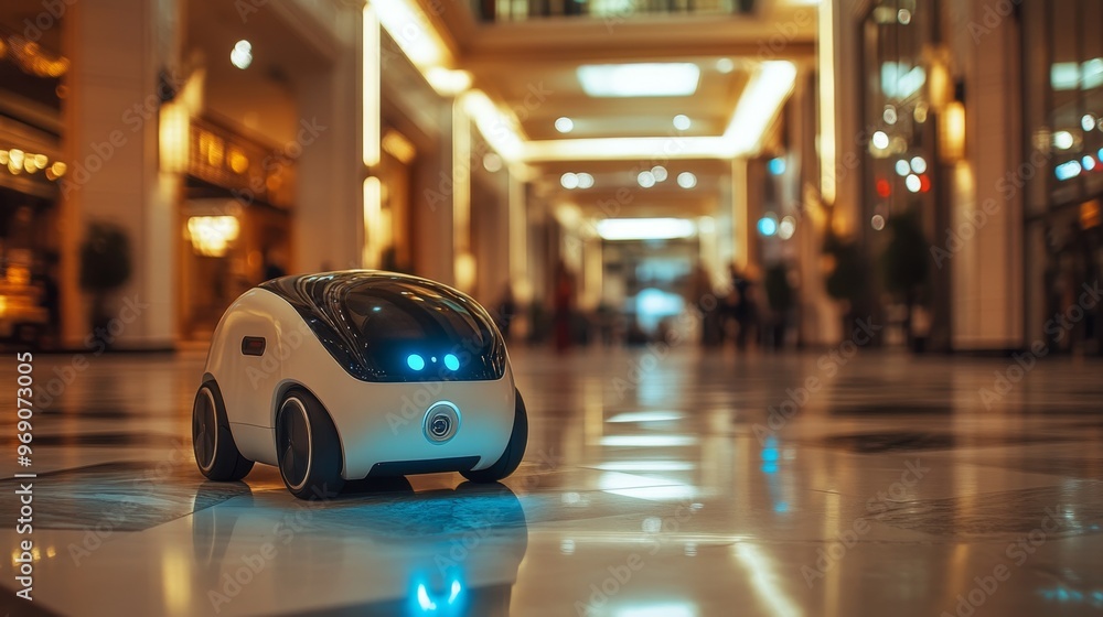 Futuristic Autonomous Delivery Bots for Indoor Shopping Malls: Small AI-controlled robots navigating shopping malls to deliver goods to customers. Futuristic Autonomous Delivery Bots for Indoor Shopping Malls: Small AI-controlled robots navigating shopping malls to deliver goods to customers.