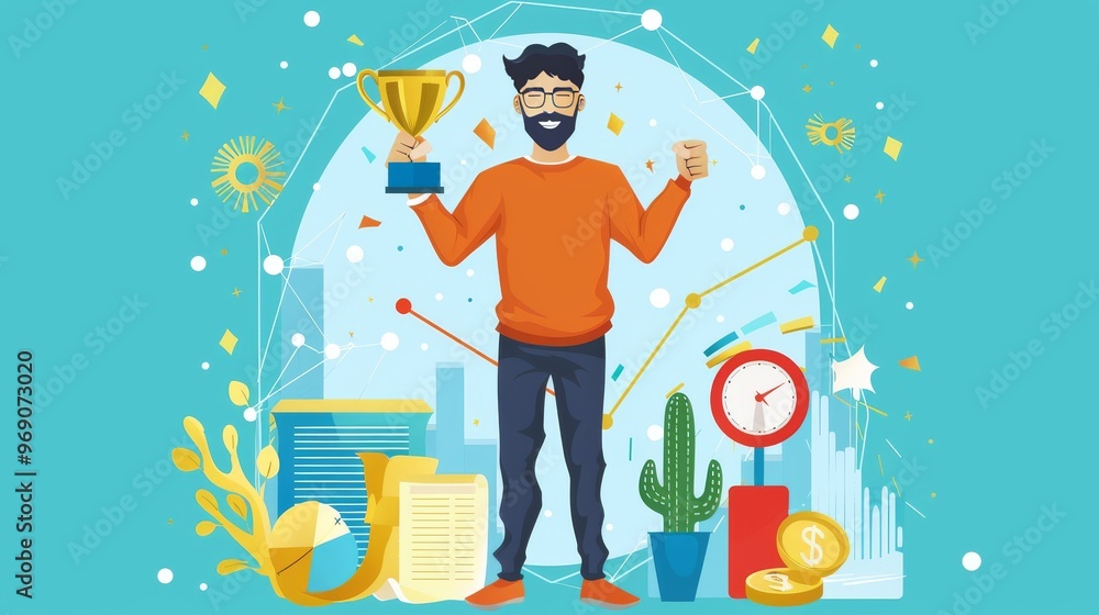 A cheerful man celebrates success with a trophy, symbolizing achievement and progress against a vibrant backdrop. A cheerful man celebrates success with a trophy, symbolizing achievement and progress against a vibrant backdrop.
