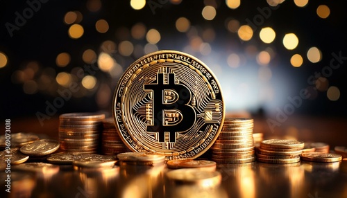 Bitcoin,Financial theme depicting a bitcoin resting on a pile of coins. This image represents concepts of bitcoin money and wealth in global finance, bitcoin