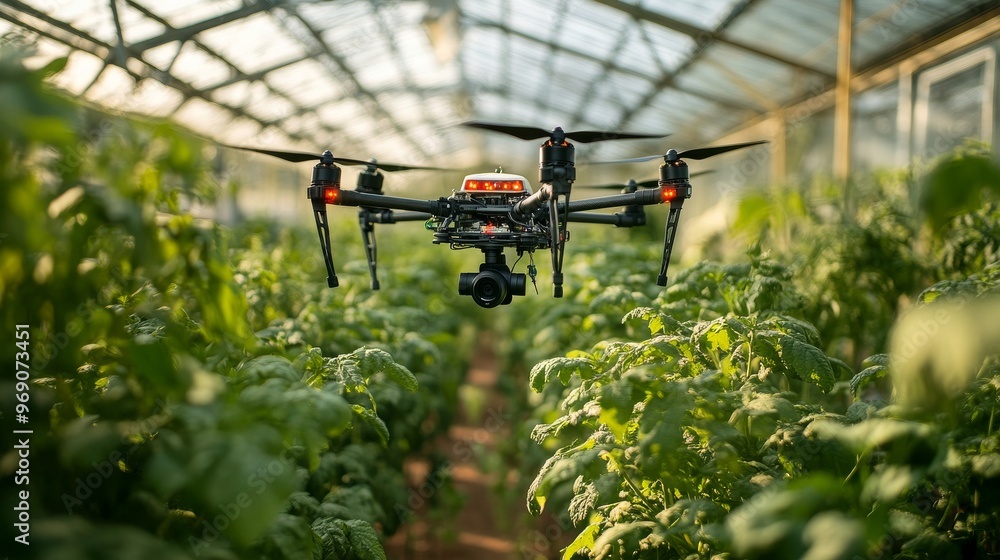 Autonomous AI-powered greenhouse drones pollinating plants and managing pest control: Drones maintaining greenhouse environments to improve crop yields. Autonomous AI-powered greenhouse drones pollinating plants and managing pest control: Drones maintaining greenhouse environments to improve crop yields.