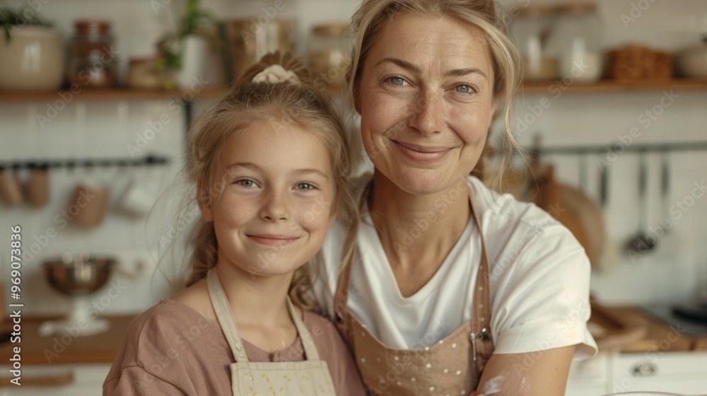 Obraz premium Mother and child enjoy a warm baking experience in a rustic kitchen, both in aprons and smiling brightly.