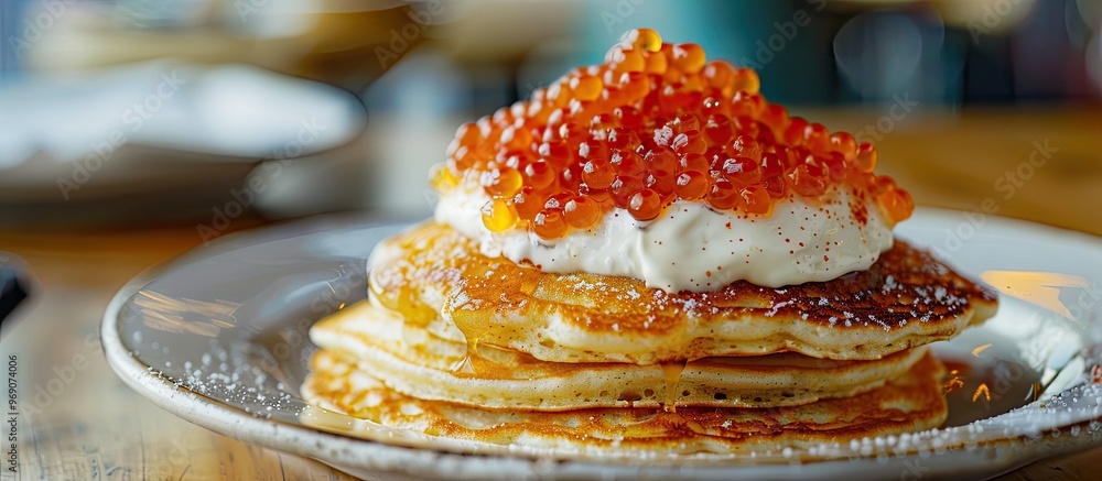 Homemade fun pancakes topped with sour cream and red caviar Sunday affection. with copy space image. Place for adding text or design Homemade fun pancakes topped with sour cream and red caviar Sunday affection. with copy space image. Place for adding text or design