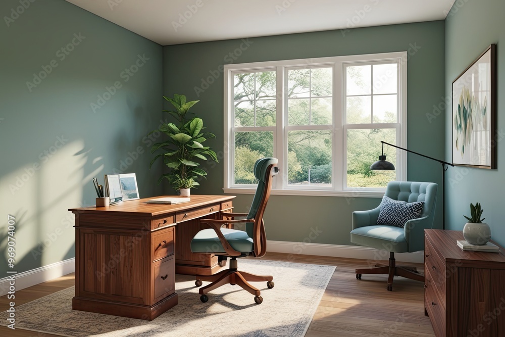 Fototapeta premium Inviting 3D Visualization of a Serene Home Office Space with Hardwood Writing Desk and Ergonomic Chair