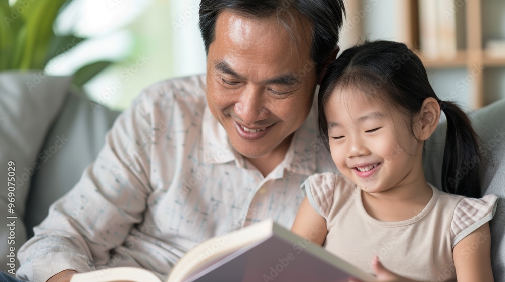 Father sitting with his child, sharing the joy of reading together on a quiet afternoon. Father sitting with his child, sharing the joy of reading together on a quiet afternoon.