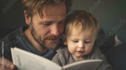 The joy of fatherhood is depicted in this tender moment of a dad reading with his child.