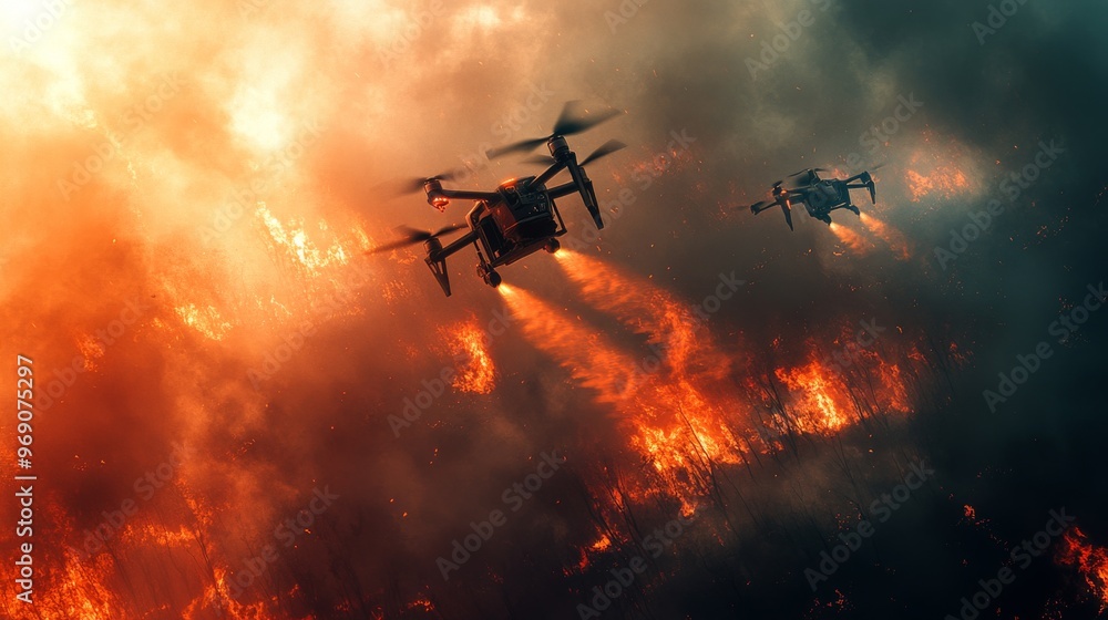 Futuristic autonomous fire-fighting drones extinguishing wildfires from the sky: Drones releasing water or foam over wildfires, directed by AI systems. Futuristic autonomous fire-fighting drones extinguishing wildfires from the sky: Drones releasing water or foam over wildfires, directed by AI systems.