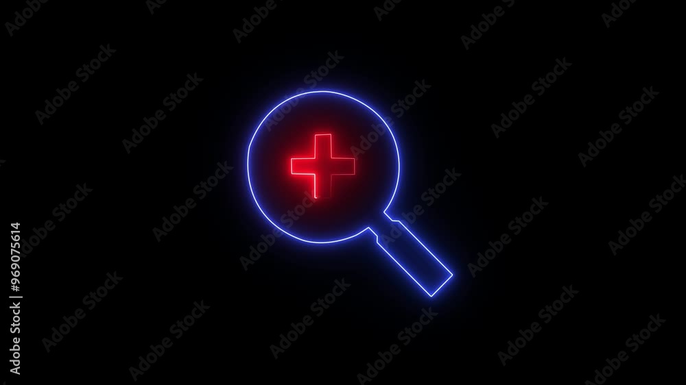 Neon magnifying glass search icon with neon plus icon animation on a black background, Abstract red symbol icon of zoom in button Neon magnifying glass search icon with neon plus icon animation on a black background, Abstract red symbol icon of zoom in button