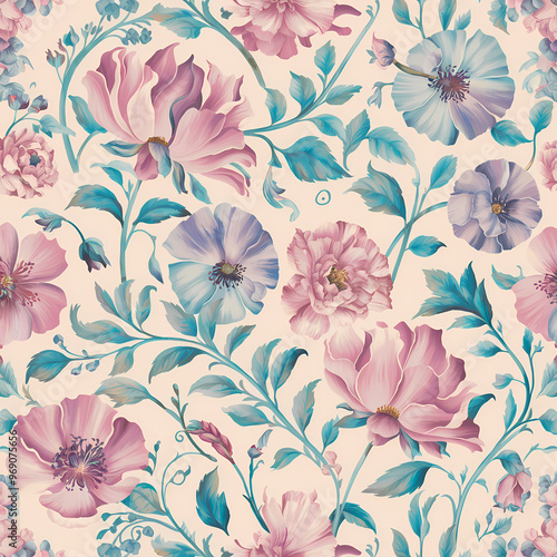Wallpaper Mural A beautifully painted floral pattern. It features a variety of flowers in shades of pink, purple, and blue, accompanied by green leaves andstems. Torontodigital.ca
