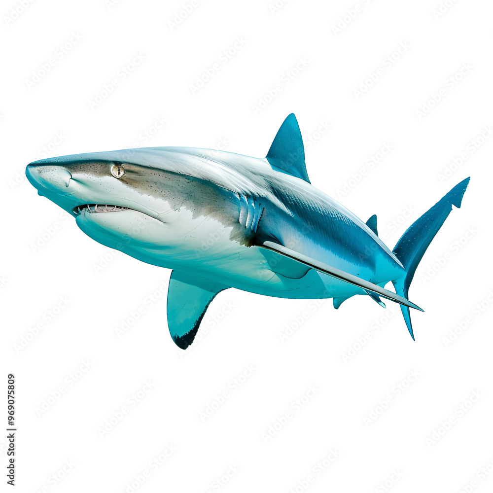 Fototapeta premium A majestic blue shark gliding gracefully through clear waters.