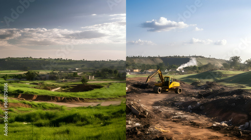 A before-and-after image of a landfill site turned into a lush green park,