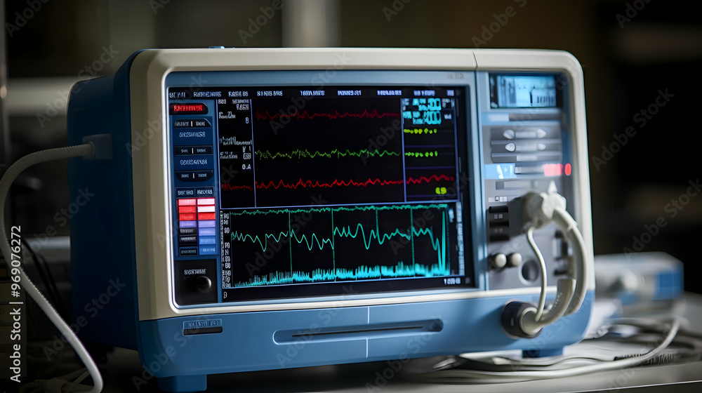 A cardiac monitor displaying vital signs, A cardiac monitor displaying vital signs,