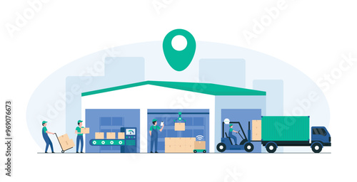 Smart Warehouse Management Solutions for Inventory. Automated Warehouse Systems for Inventory Management. Modern automation technology in warehouses, featuring advanced inventory control. Illustration