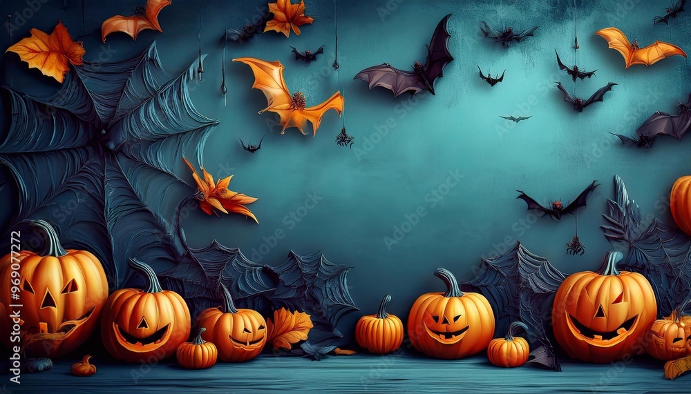 Halloween elements pumpkins, bats, ghosts, spiders on a bright background, with space for text, top view Halloween elements pumpkins, bats, ghosts, spiders on a bright background, with space for text, top view
