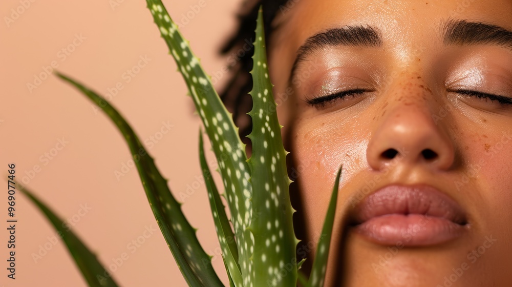 Beautiful tan-skinned woman holding aloe leaves to her eye, eyes closed, embracing a calm and natural skincare routine. Beautiful tan-skinned woman holding aloe leaves to her eye, eyes closed, embracing a calm and natural skincare routine.