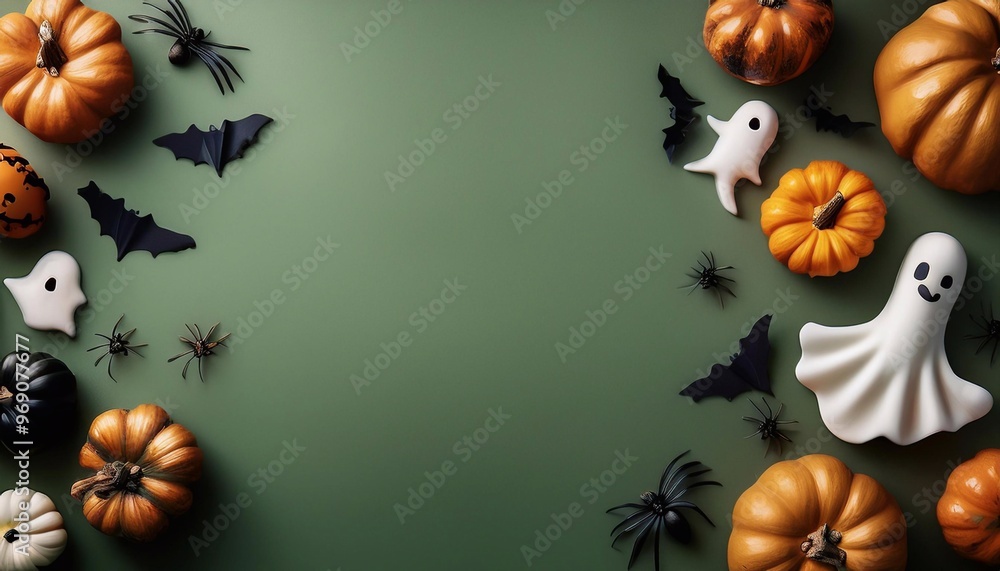 Halloween elements pumpkins, bats, ghosts, spiders on a bright background, with space for text, top view Halloween elements pumpkins, bats, ghosts, spiders on a bright background, with space for text, top view