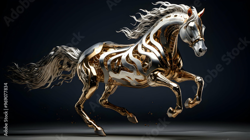 A cutting-edge AI horse with sleek metallic limbs showcasing speed and power