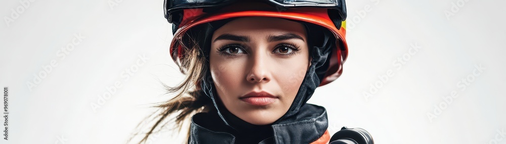 Woman in firefighter uniform holding a rescue tool, staring forward with determination, isolated on white, Firefighter woman, emergency hero, protection