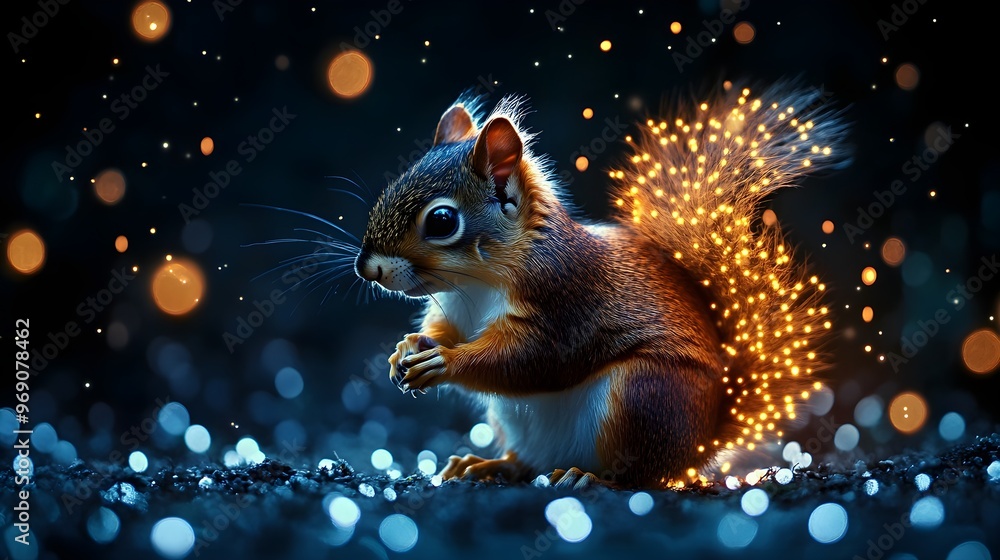 Bright squirrel glowing against dark light pattern background image Bright squirrel glowing against dark light pattern background image