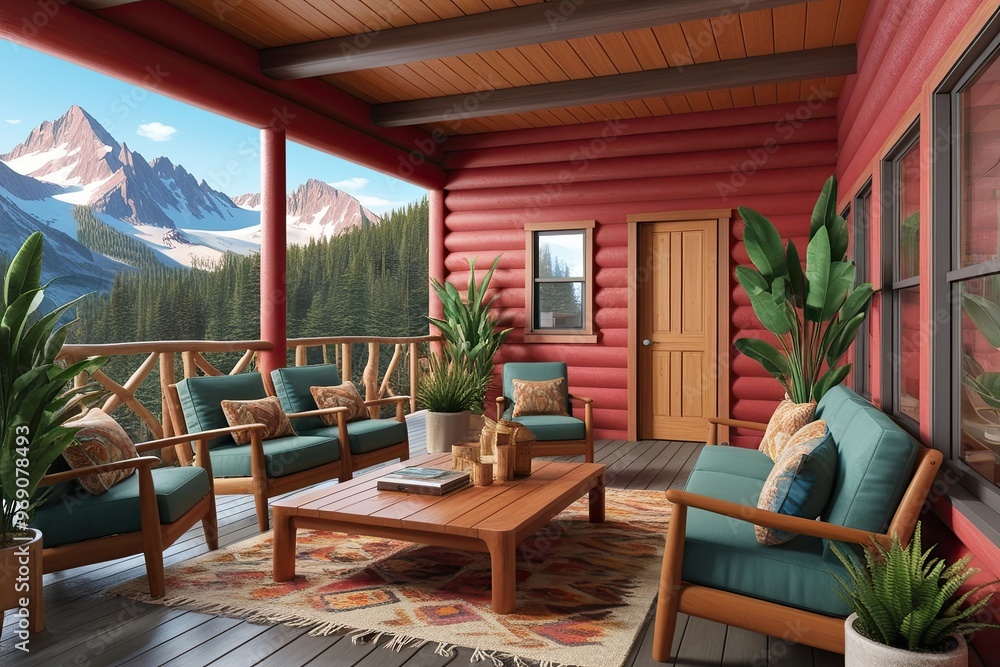 Fototapeta premium 3D Illustration of a Cabin Lounge in a Vibrant Mountain Retreat Setting with Wooden Furniture and Native Plants