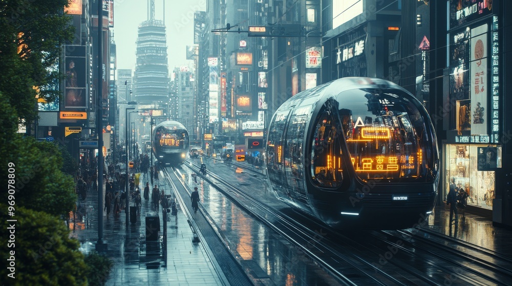 Futuristic autonomous transport systems with AI traffic management: Driverless vehicles navigating through a tech-heavy urban landscape. Futuristic autonomous transport systems with AI traffic management: Driverless vehicles navigating through a tech-heavy urban landscape.