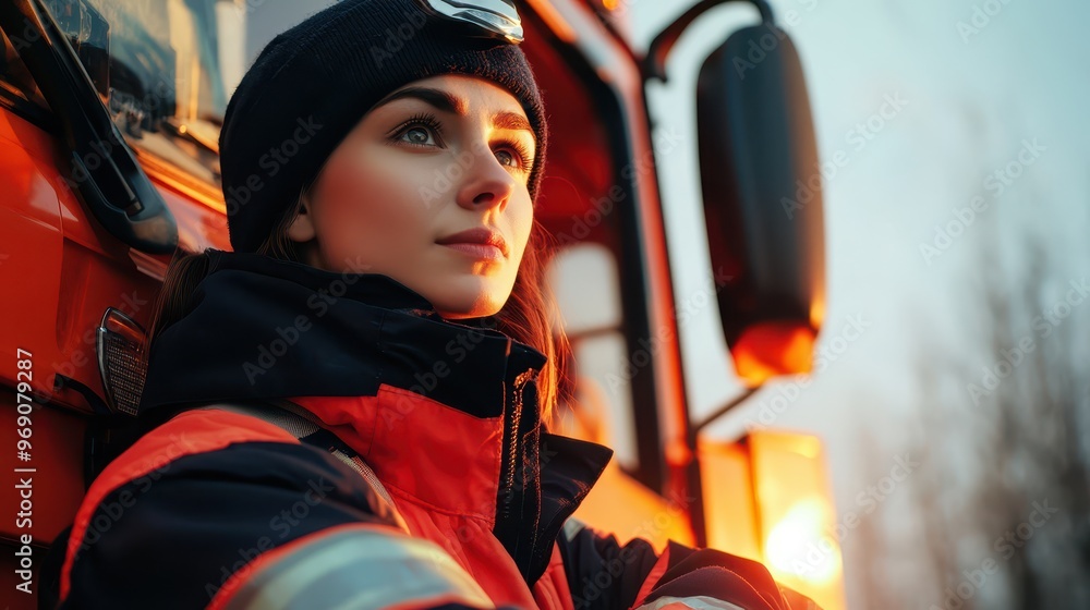 Woman firefighter standing next to a fire truck, confident and ready, pure white background, Firefighter equipment, preparedness, protection Woman firefighter standing next to a fire truck, confident and ready, pure white background, Firefighter equipment, preparedness, protection