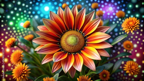 A 3D studio shot of a soft Gazania features velvety petals unfolding against a backdrop of vibrant dots, creating a mesmerizing visual effect.