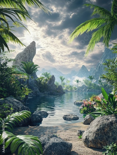 Fantasy 3D illustration depicting a tropical landscape featuring large rocks and lush vegetation around a lake under a heavily clouded sky photo