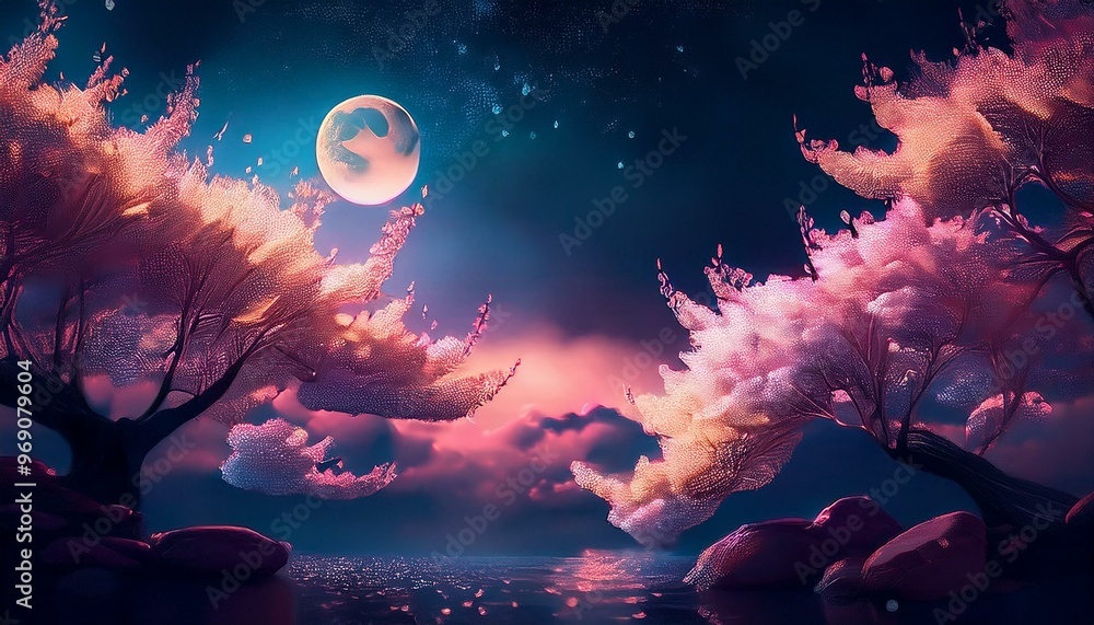 Night landscape moon with sakura trees