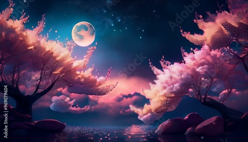 Night landscape moon with sakura trees